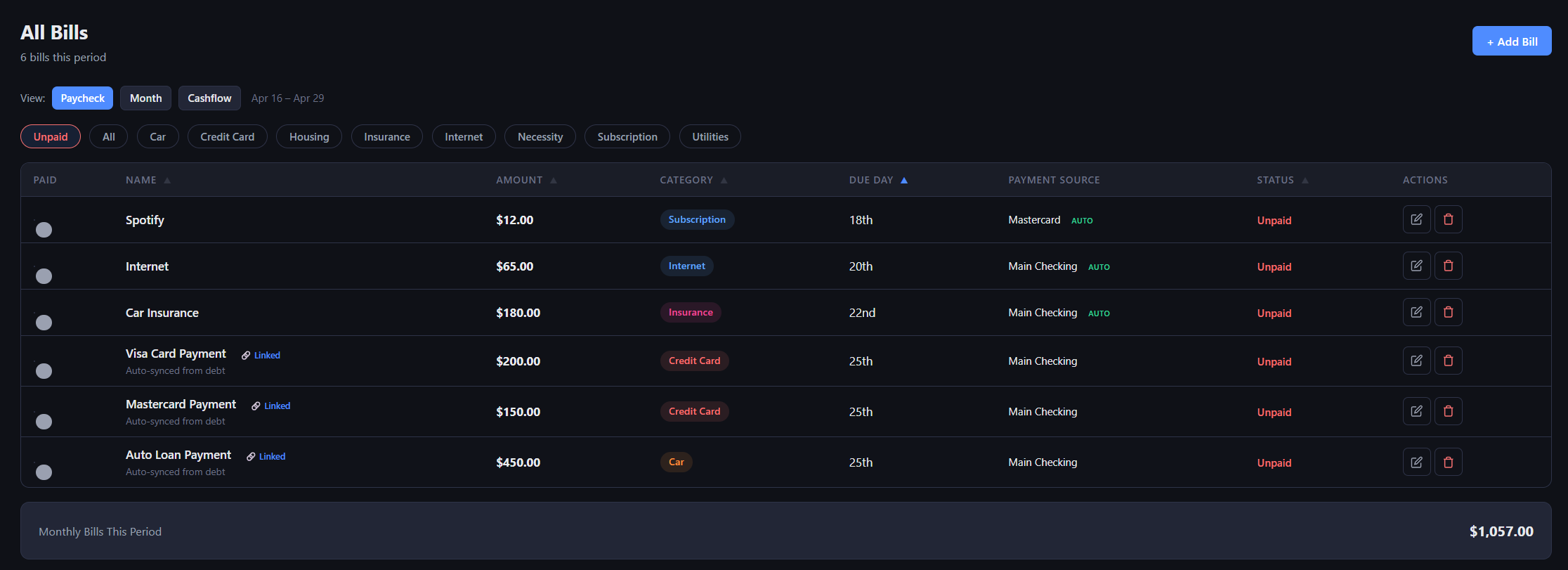Bills page with recurring bills, due days, categories, and paid status