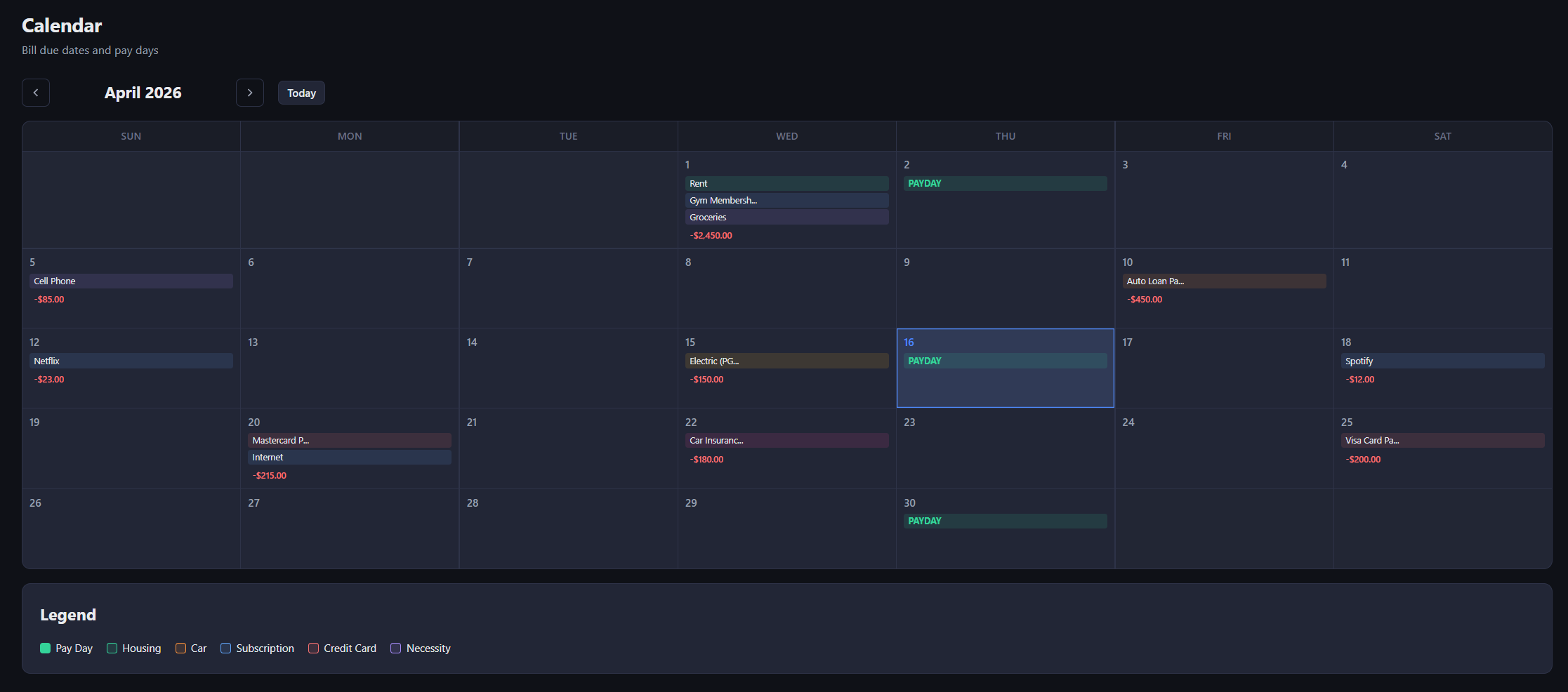 Calendar view with paydays and bill due dates across the month